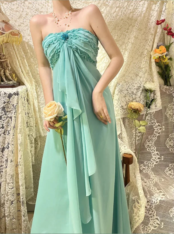 Elegant Lake Green Chiffon One Shoulder Ruffled Tiered Long Evening Dress With Sweep Train