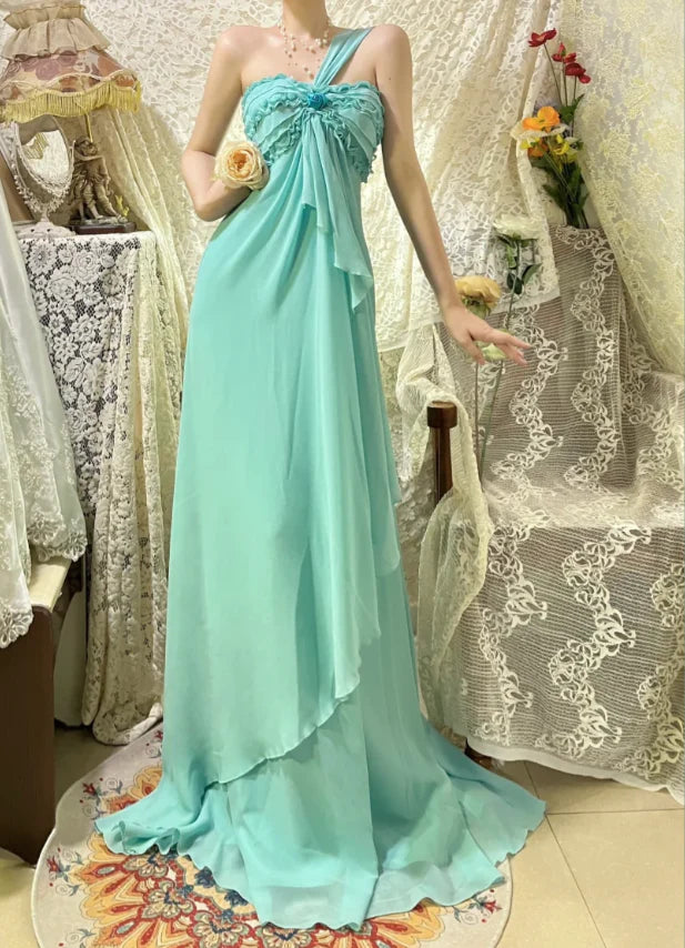 Elegant Lake Green Chiffon One Shoulder Ruffled Tiered Long Evening Dress With Sweep Train