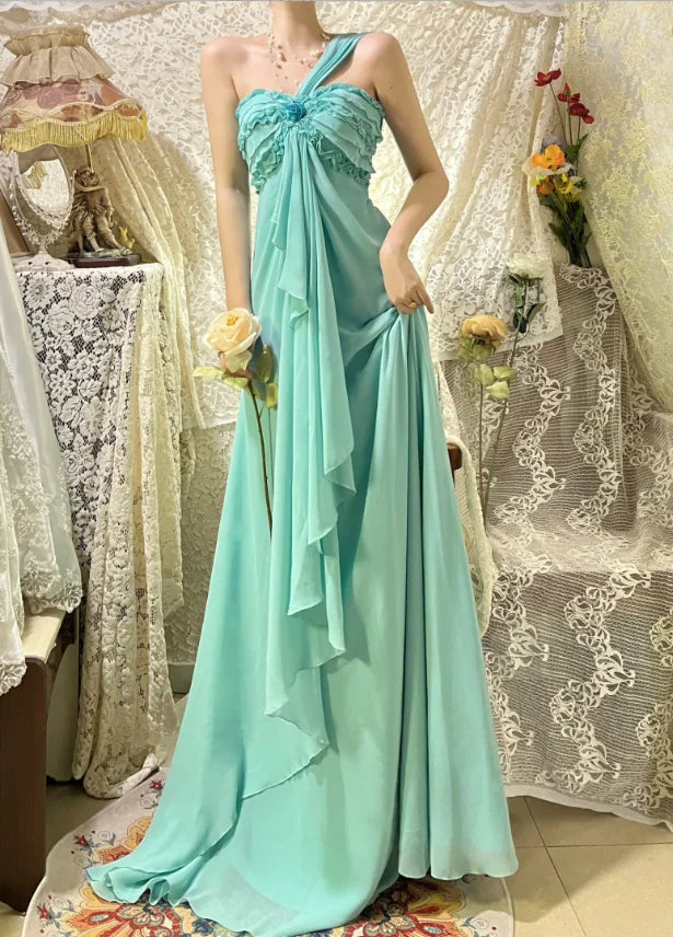 Elegant Lake Green Chiffon One Shoulder Ruffled Tiered Long Evening Dress With Sweep Train