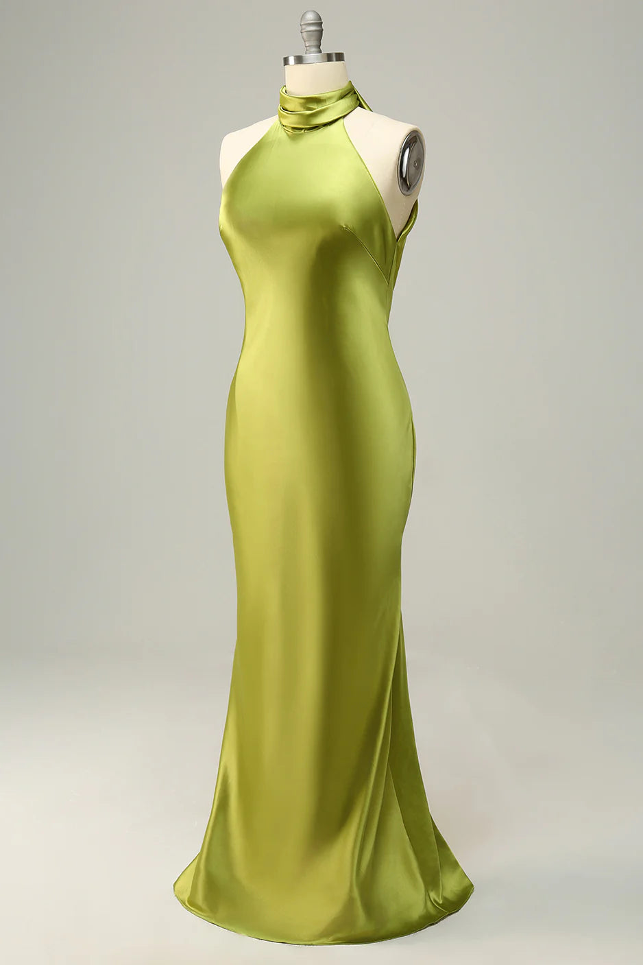 Elegant Lemon Green Halter Open Back Sleeveless Floor Length Long Bridesmaid Dress