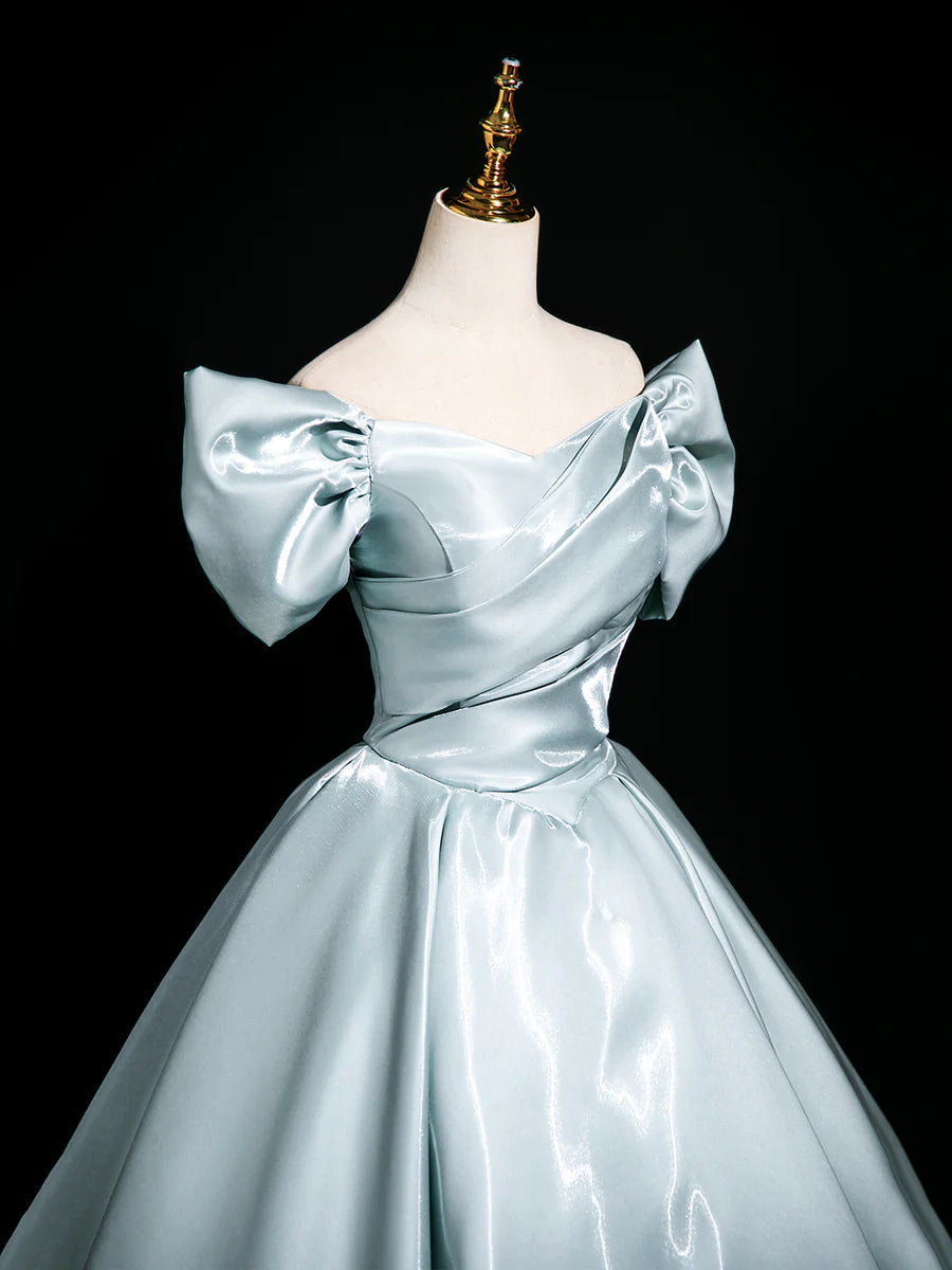 Elegant Light Blue Satin Off the Shoulder A-Line Floor Length Prom Dress Party Dress