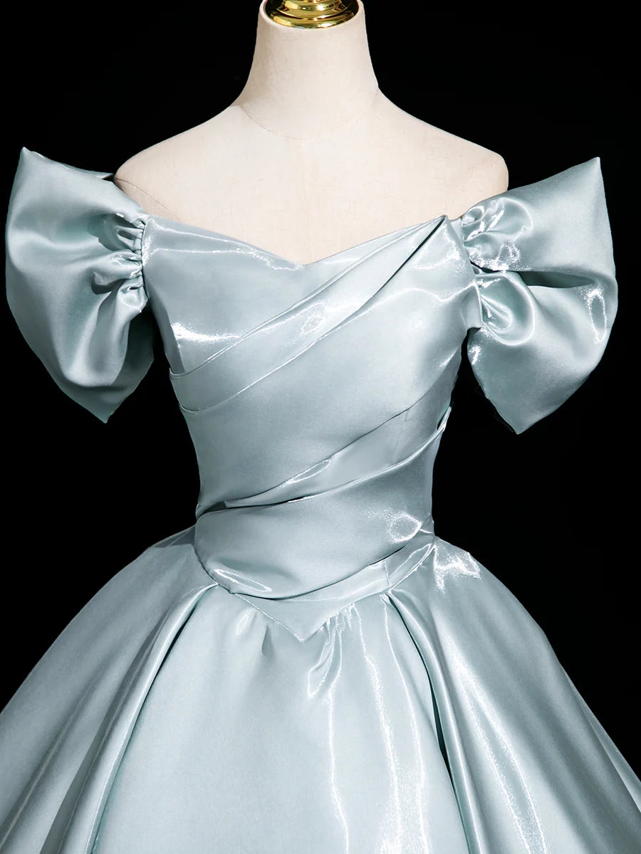 Elegant Light Blue Satin Off the Shoulder A-Line Floor Length Prom Dress Party Dress