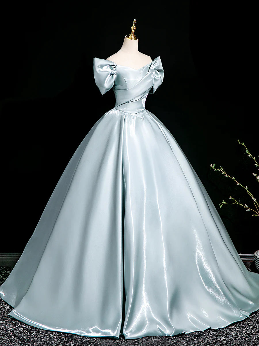 Elegant Light Blue Satin Off the Shoulder A-Line Floor Length Prom Dress Party Dress