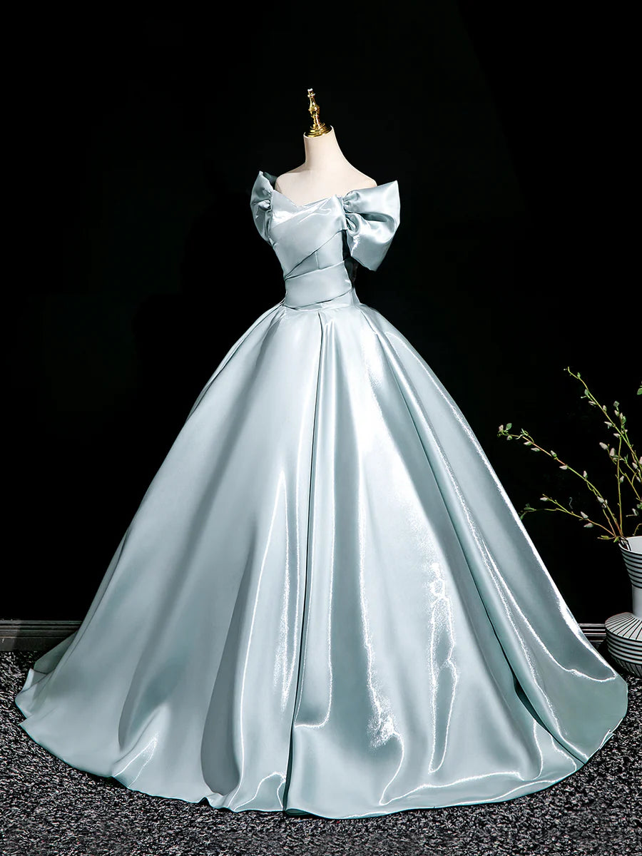 Elegant Light Blue Satin Off the Shoulder A-Line Floor Length Prom Dress Party Dress
