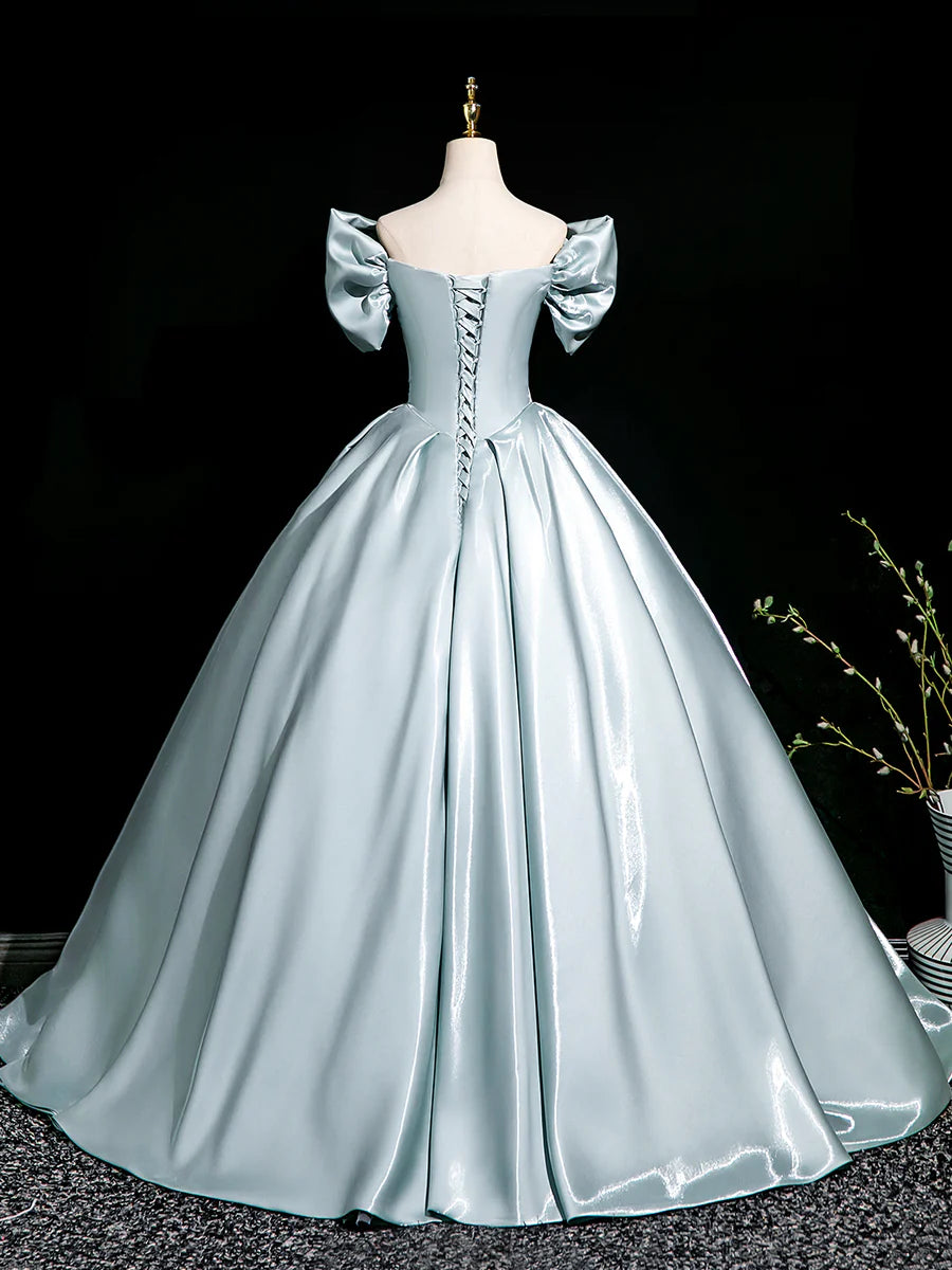 Elegant Light Blue Satin Off the Shoulder A-Line Floor Length Prom Dress Party Dress