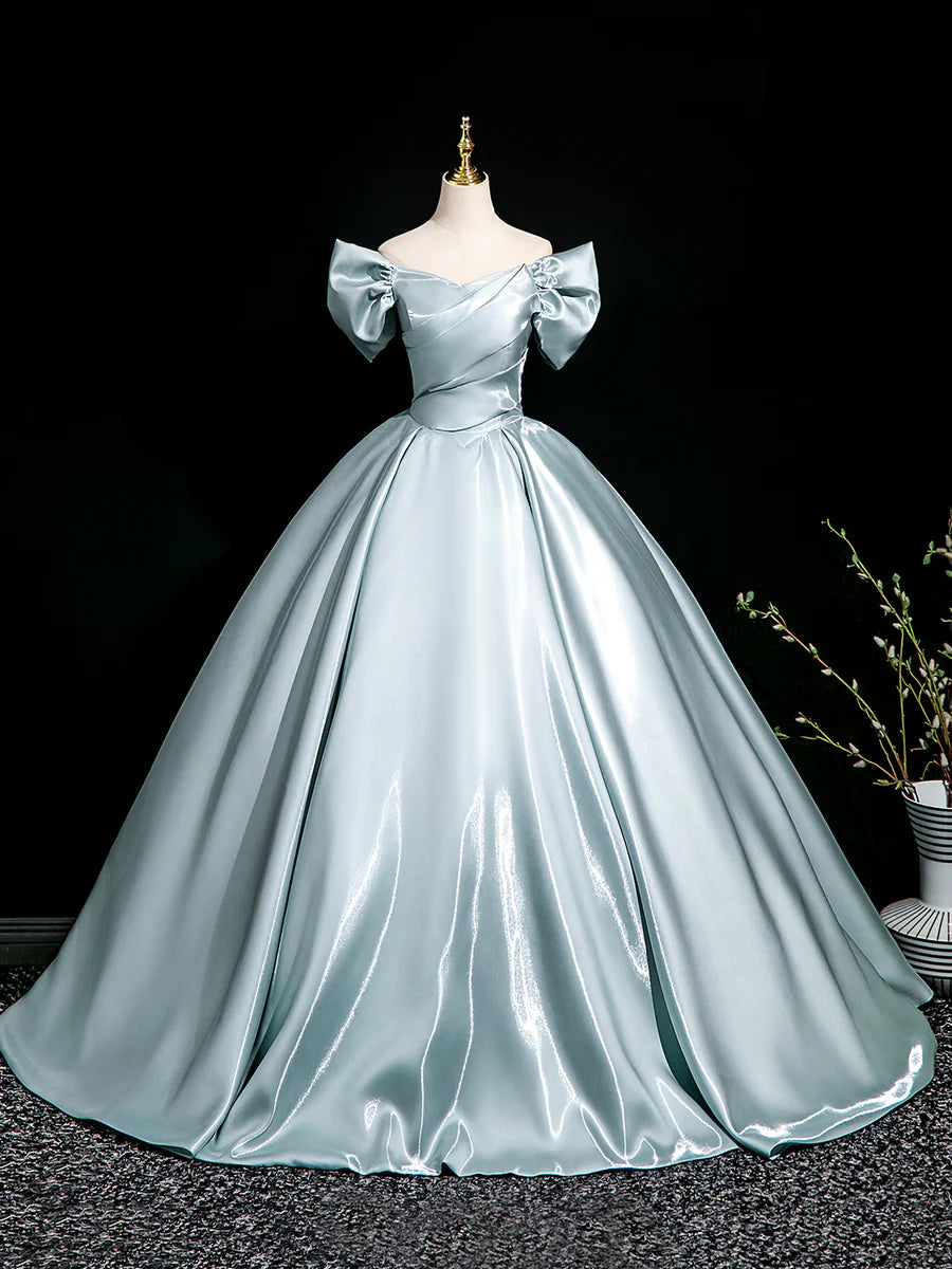 Elegant Light Blue Satin Off the Shoulder A-Line Floor Length Prom Dress Party Dress