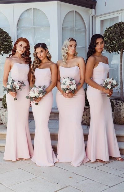 Elegant Light Pink Satin Strapless Mermaid Bridesmaid Dresses Pink Wedding Long Prom Dress