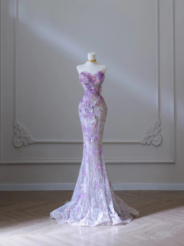 Elegant Lilac Tulle Sequin Flowers Sweetheart Mermaid Evening Dress Long Prom Dresses