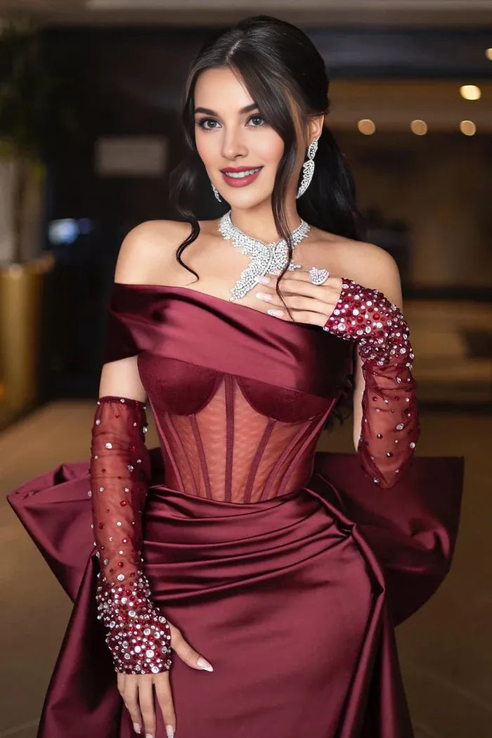 Elegant Luxurious Sheath Off-Shoulder Short Sleeves Satin Party Dress Prom Dress