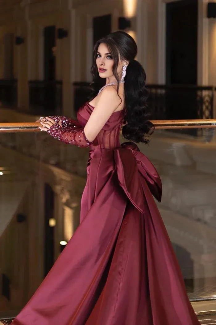 Elegant Luxurious Sheath Off-Shoulder Short Sleeves Satin Party Dress Prom Dress