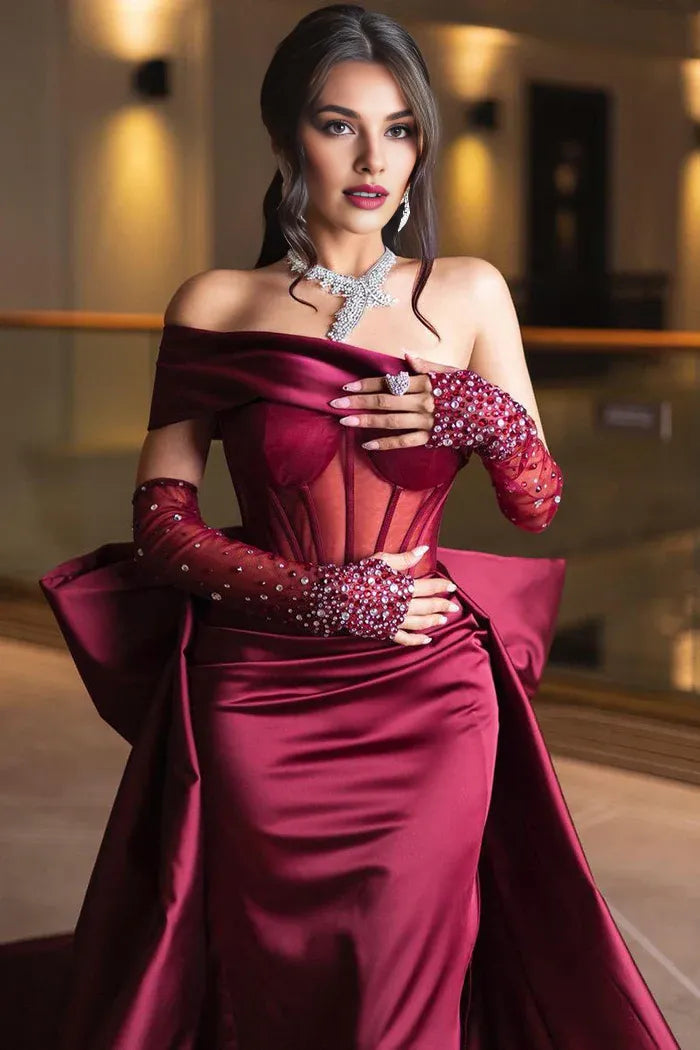 Elegant Luxurious Sheath Off-Shoulder Short Sleeves Satin Party Dress Prom Dress