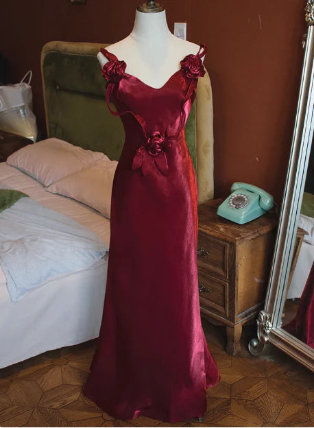 Elegant Mermaid Burgundy Satin V Neck Sleeveless 3D Flower Back Tie Prom Dress Budget Party Dresses