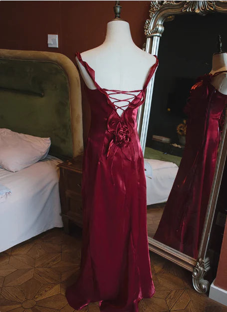 Elegant Mermaid Burgundy Satin V Neck Sleeveless 3D Flower Back Tie Prom Dress Budget Party Dresses