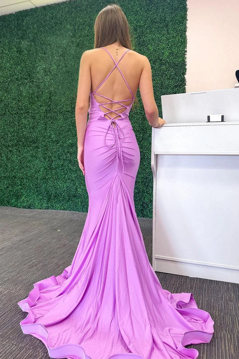 Elegant Mermaid Cowl Neck Lilac Long Evening Dress With Sweep Train