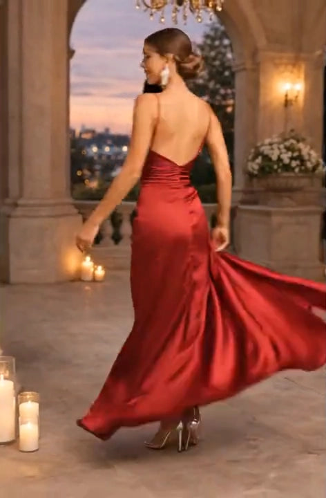 Elegant Mermaid Cowl Neck Spaghetti Straps Ruched Satin Red Floor-Length Prom Dress