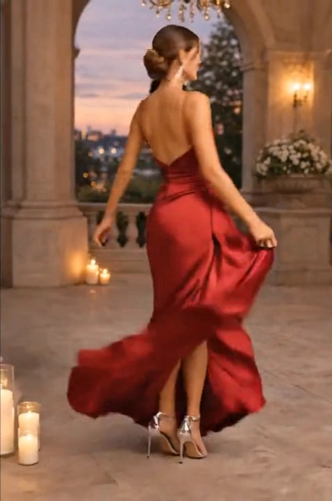 Elegant Mermaid Cowl Neck Spaghetti Straps Ruched Satin Red Floor-Length Prom Dress