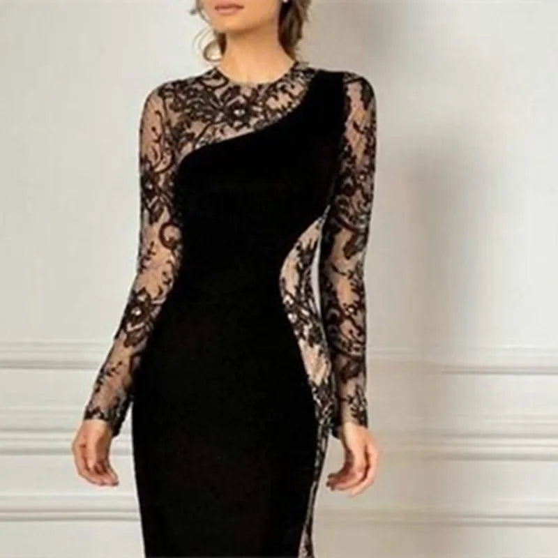 Elegant Mermaid Crew-Neck Long Sleeve Lace Paneled Black Floor-Length Evening Dress For Women