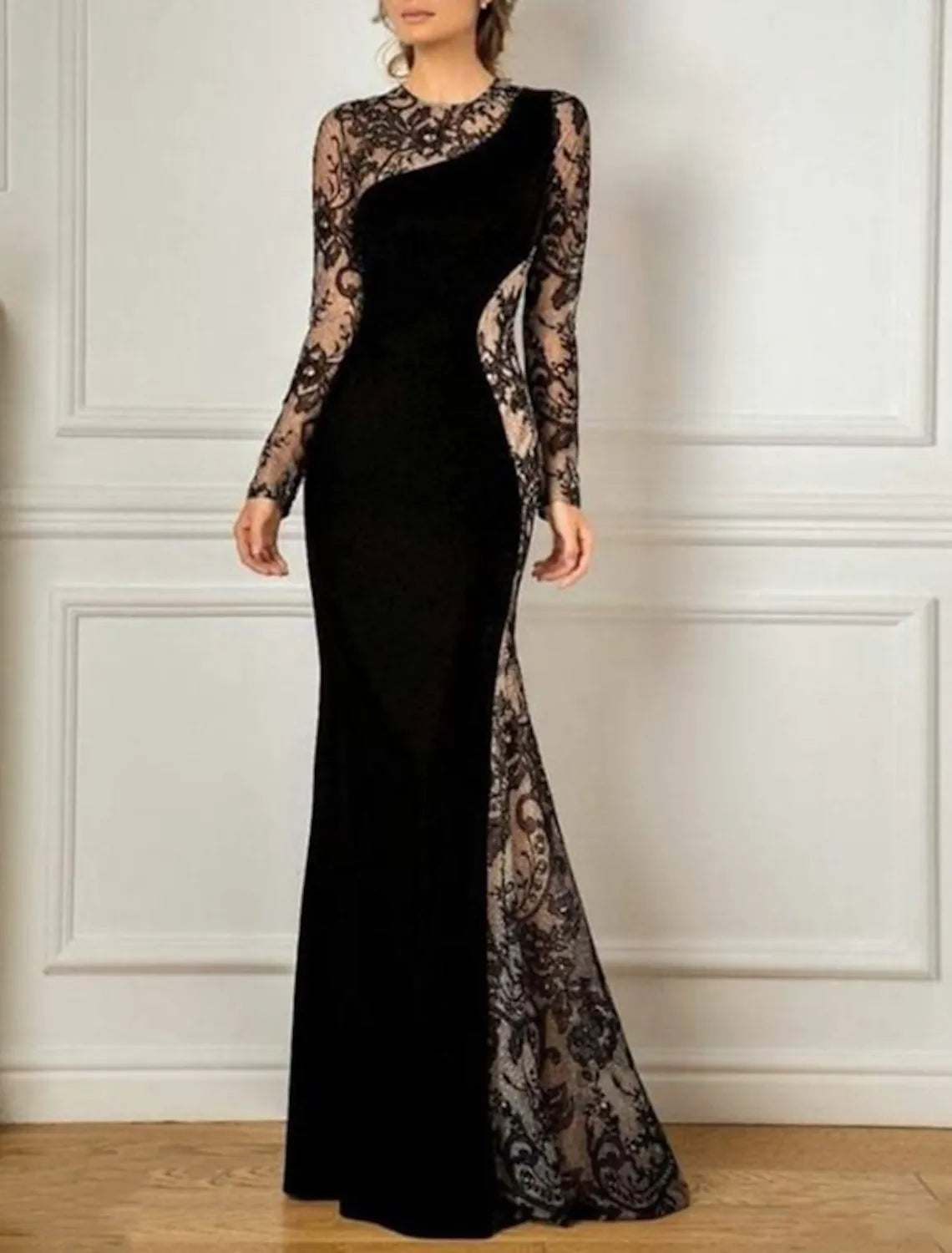 Elegant Mermaid Crew-Neck Long Sleeve Lace Paneled Black Floor-Length Evening Dress For Women