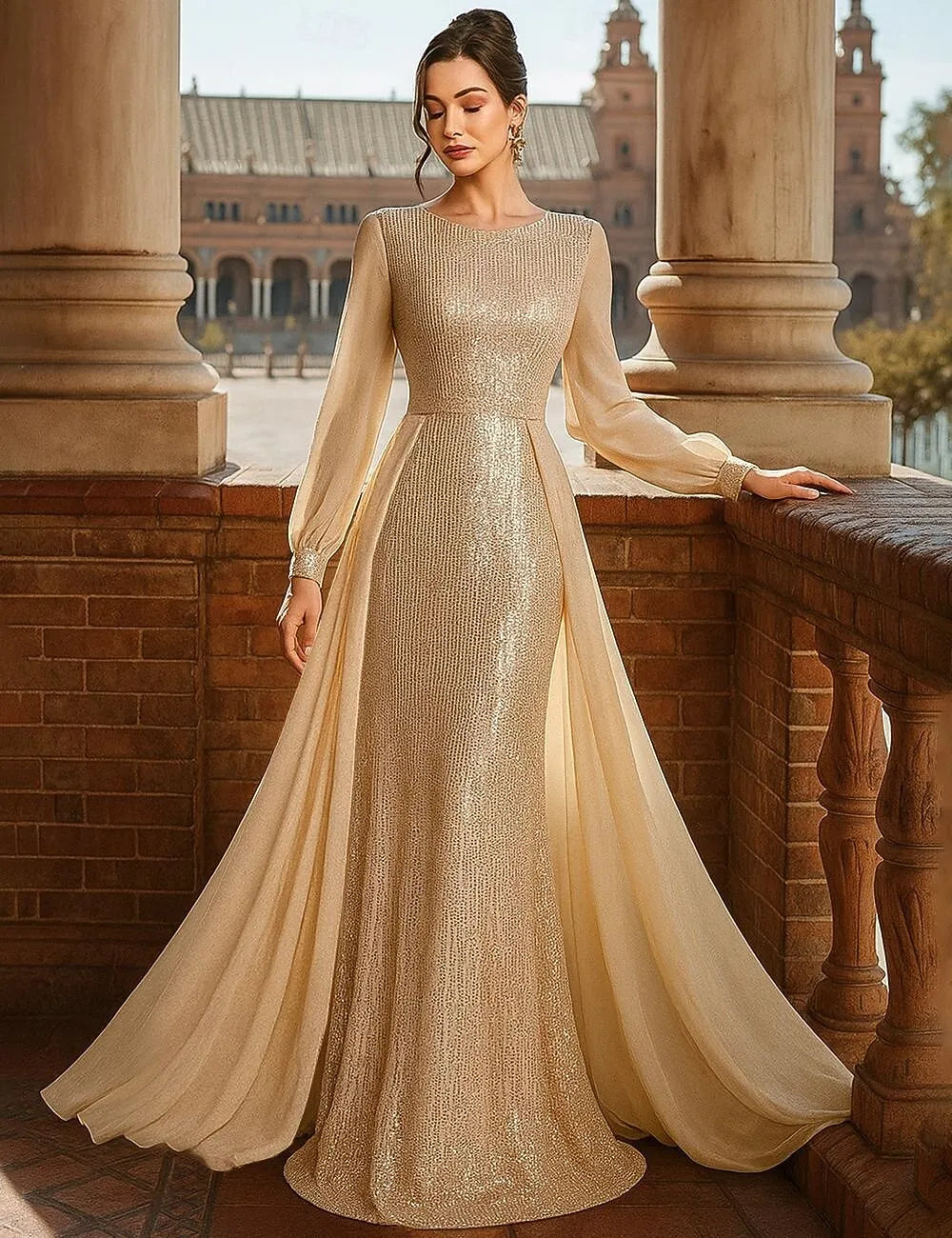 Elegant Mermaid Crew Neck Long-Sleeve Sequin Champagne Maxi Prom Dress for Women Ready to Ship