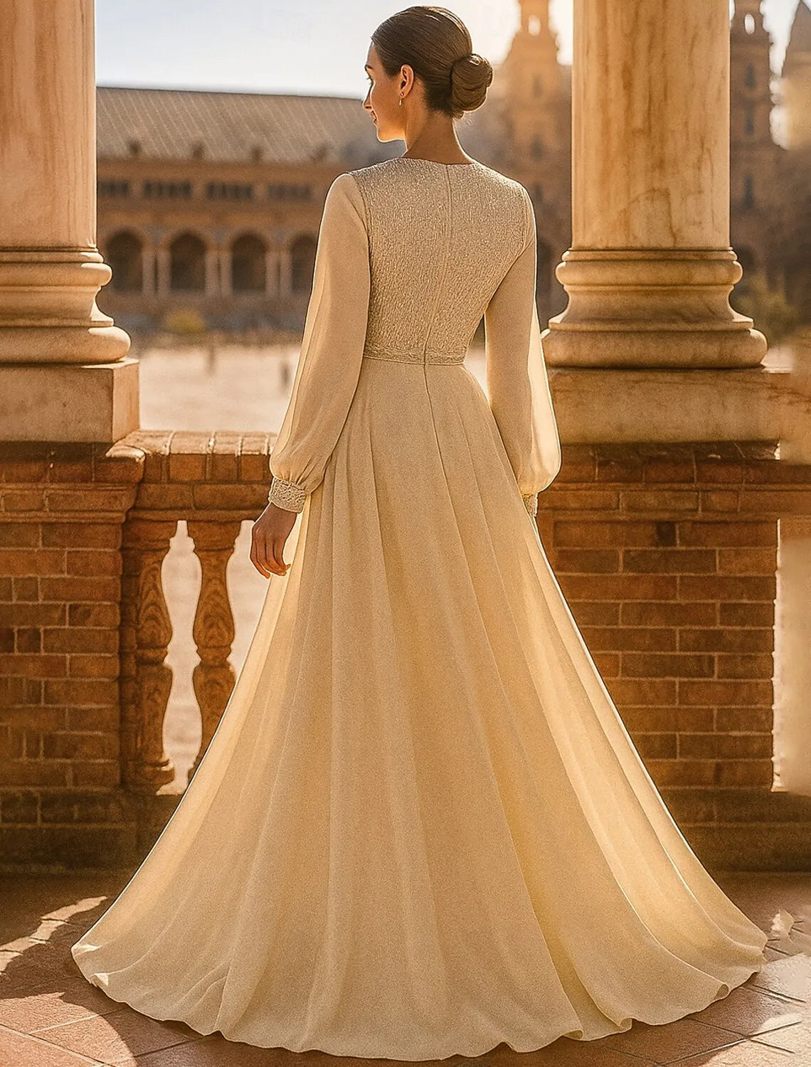 Elegant Mermaid Crew Neck Long-Sleeve Sequin Champagne Maxi Prom Dress for Women Ready to Ship