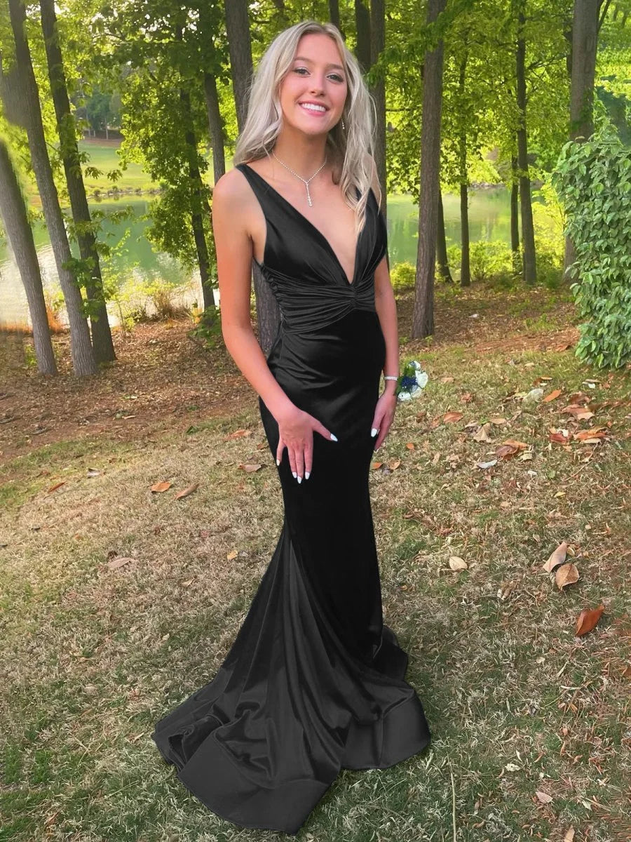 Elegant Mermaid Deep V Neck Ruched Satin Blue Evening Dress With Sweep-Train