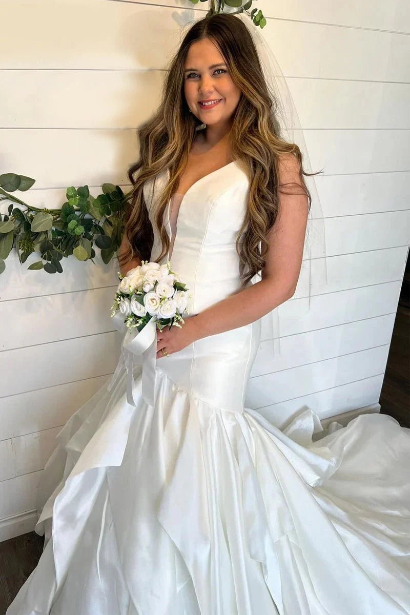 Elegant Mermaid Diamond White Taffeta V Neck Sleeveless Tiered Sweep Train Wedding Dresses