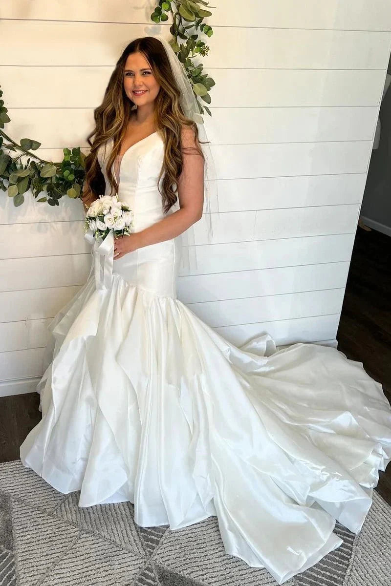 Elegant Mermaid Diamond White Taffeta V Neck Sleeveless Tiered Sweep Train Wedding Dresses