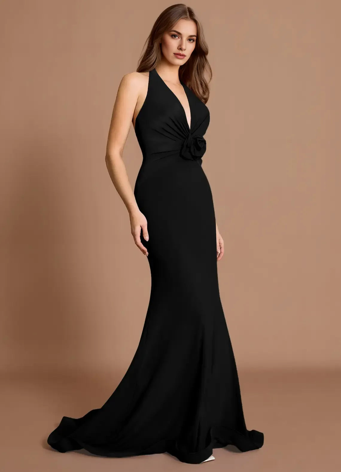 Elegant Mermaid Halter 3D Flowers Backless Black Maxi Evening Dress