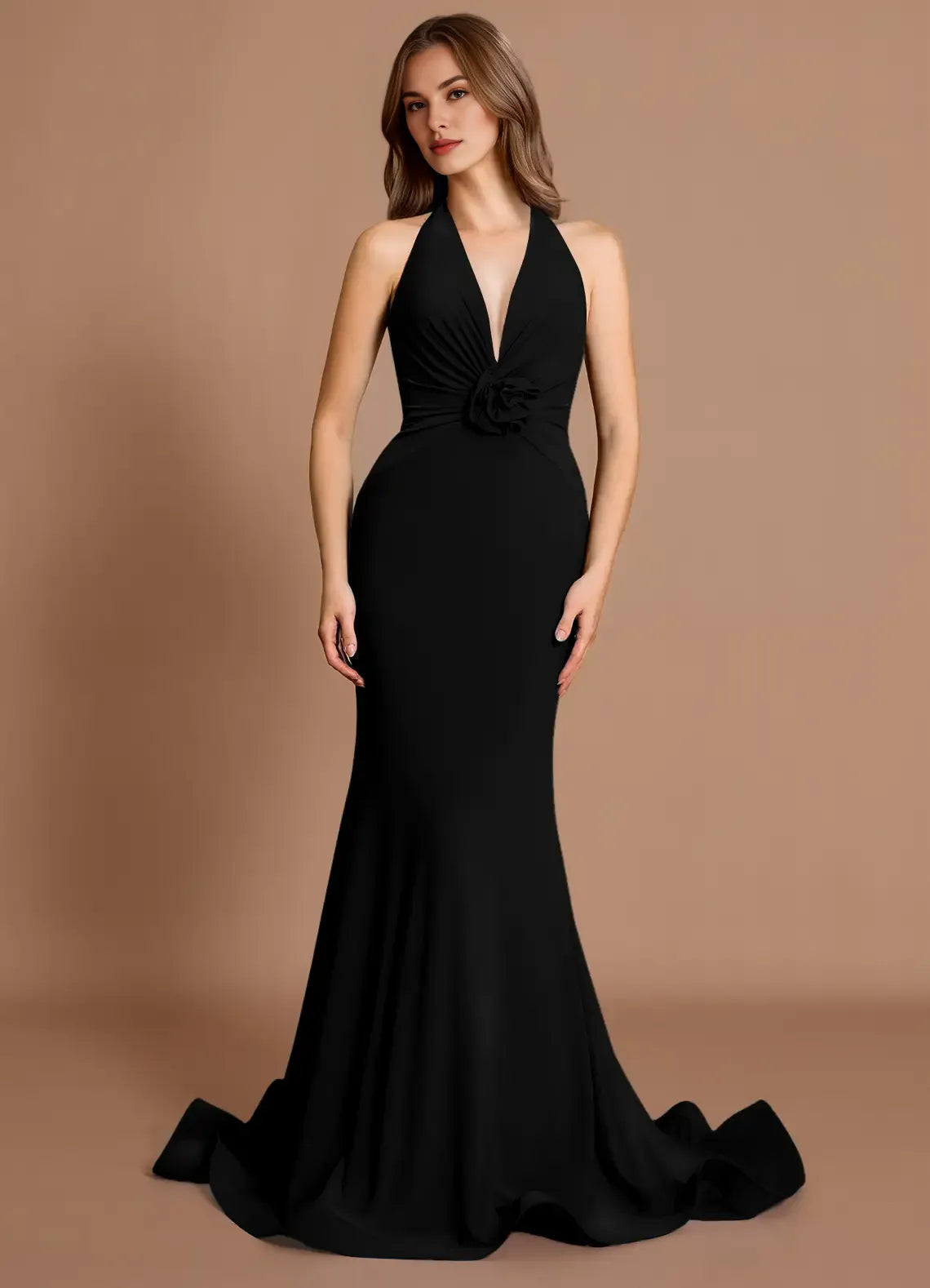 Elegant Mermaid Halter 3D Flowers Backless Black Maxi Evening Dress