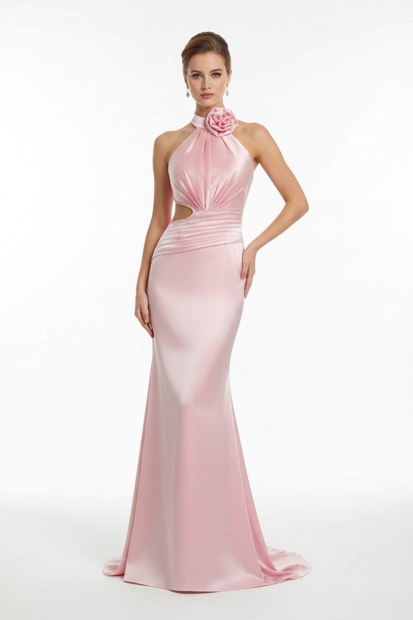 Stylish Elegant Mermaid Halter Flower Ruched Cutout Satin Pink Long Prom Dress