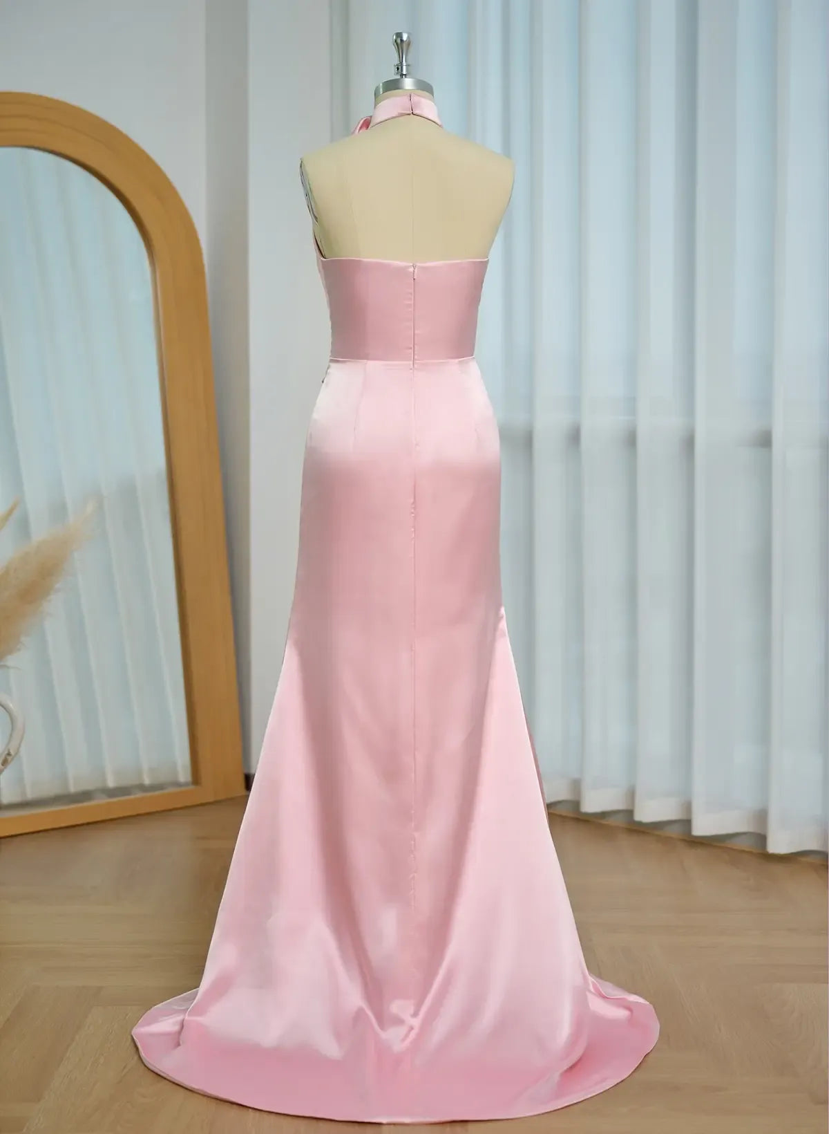 Stylish Elegant Mermaid Halter Flower Ruched Cutout Satin Pink Long Prom Dress