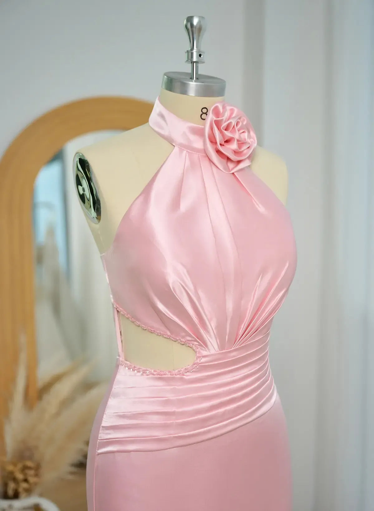 Stylish Elegant Mermaid Halter Flower Ruched Cutout Satin Pink Long Prom Dress