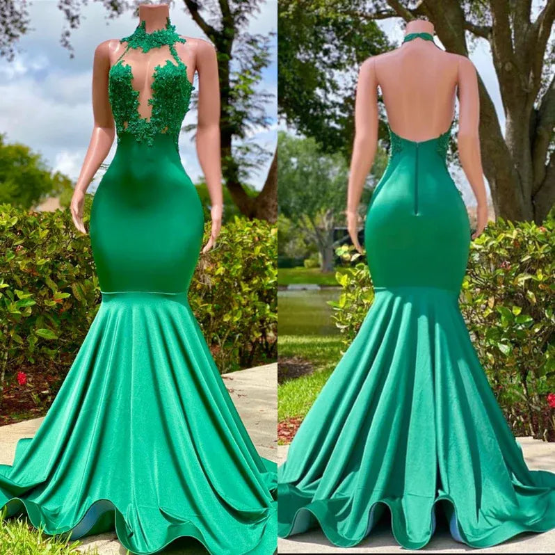 Elegant Mermaid Halter Neck Sleeveless Lace Applique Emerald Train Evening Dress For Sale