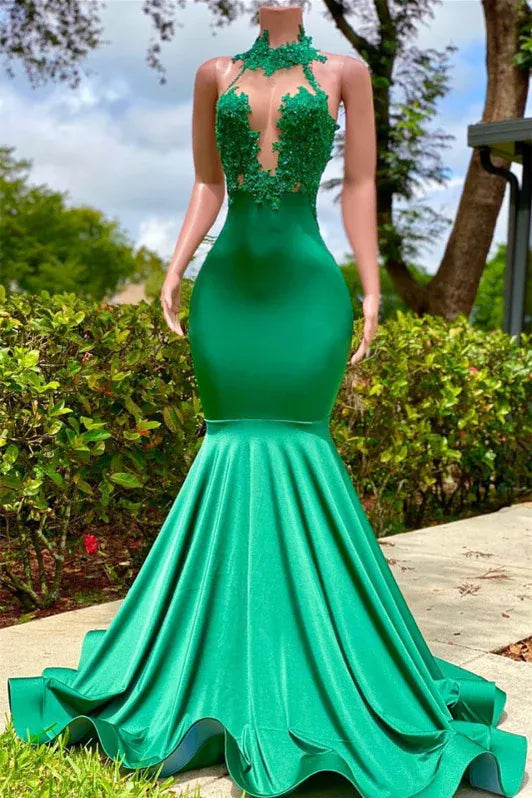 Elegant Mermaid Halter Neck Sleeveless Lace Applique Emerald Train Evening Dress For Sale