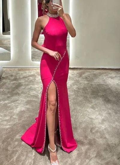 Elegant Mermaid Halter Rhinestone Cutout Black Train Prom Dress With Slit