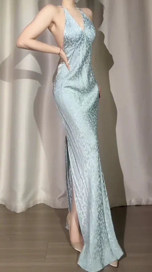 Elegant Mermaid Halter V-Neck Open Back Satin Light Blue Long Prom Dress