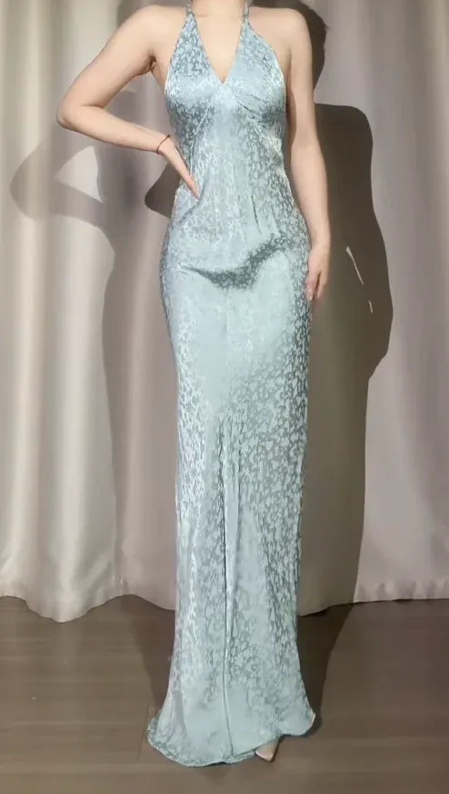 Elegant Mermaid Halter V-Neck Open Back Satin Light Blue Long Prom Dress