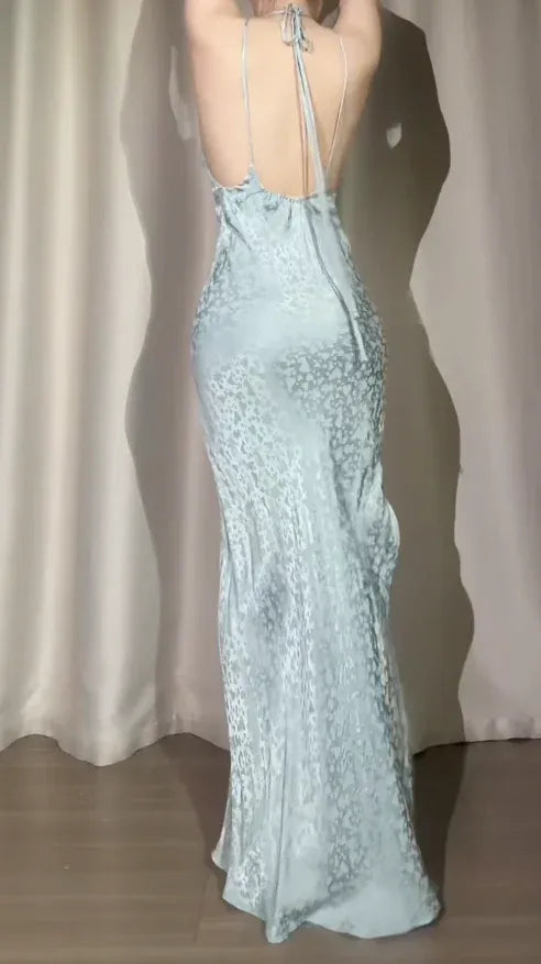 Elegant Mermaid Halter V-Neck Open Back Satin Light Blue Long Prom Dress