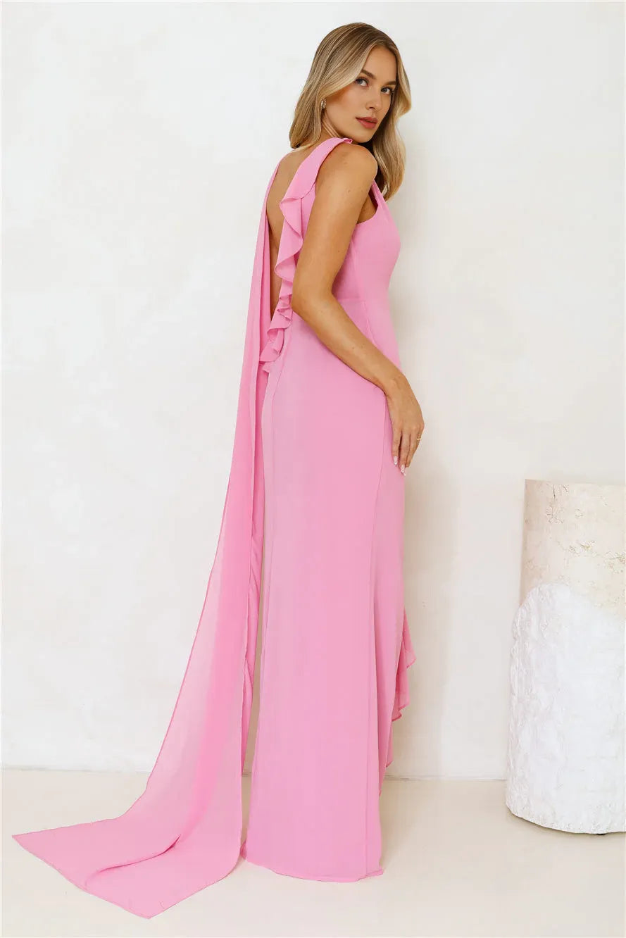Elegant Mermaid Irregular Neck Ruffle Chiffon Pink Maxi Prom Dress With Slit