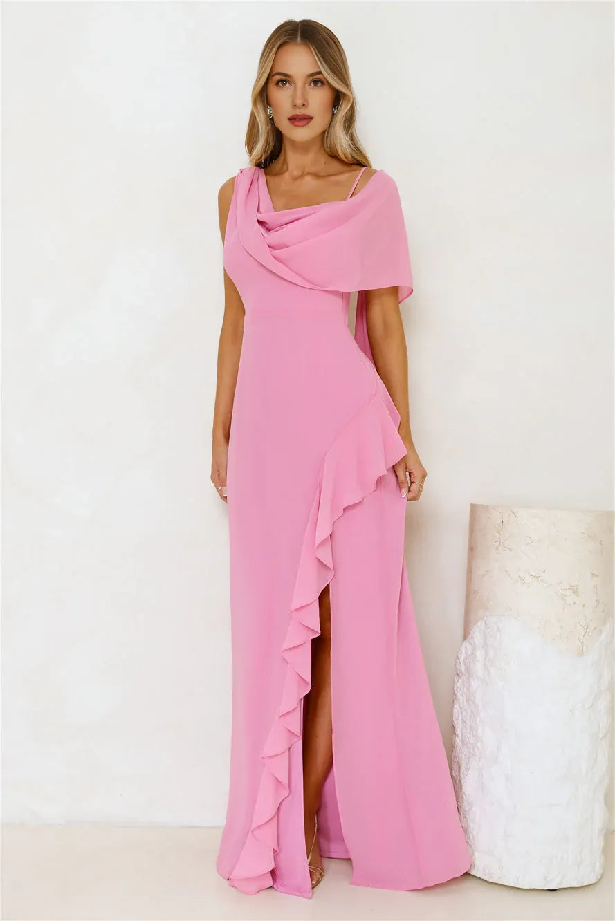 Elegant Mermaid Irregular Neck Ruffle Chiffon Pink Maxi Prom Dress With Slit