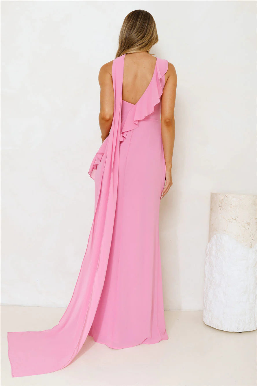 Elegant Mermaid Irregular Neck Ruffle Chiffon Pink Maxi Prom Dress With Slit