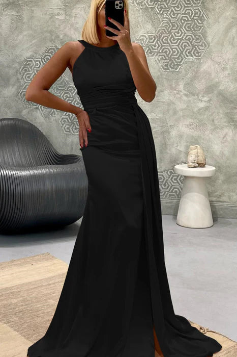 Elegant Mermaid Jewel Neck Pleats Streamer Red Long Prom Dress For Ladies