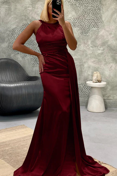 Elegant Mermaid Jewel Neck Pleats Streamer Red Long Prom Dress For Ladies