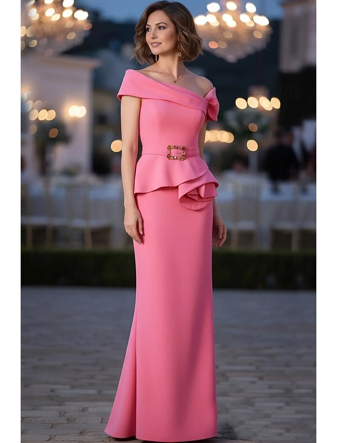 Elegant Mermaid Off-Shoulder Peplum Blush Pink Maxi Prom Dress With Strappy