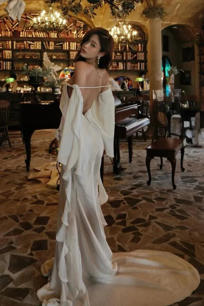 Elegant Mermaid Off-Shoulder Draped Bow Ruffle White Train Prom Dress