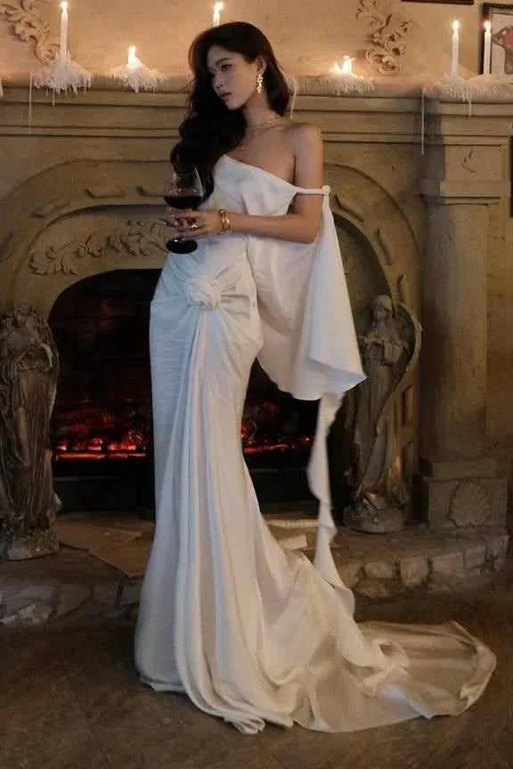 Elegant Mermaid Off-Shoulder Draped Bow Ruffle White Train Prom Dress