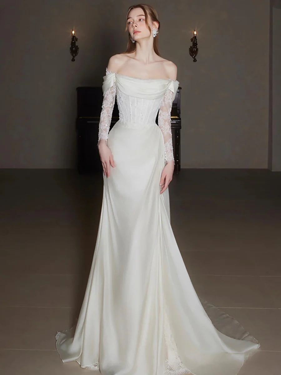 Elegant Mermaid Off-Shoulder Long Sleeve Corset Lace Ivory Train Wedding Dress