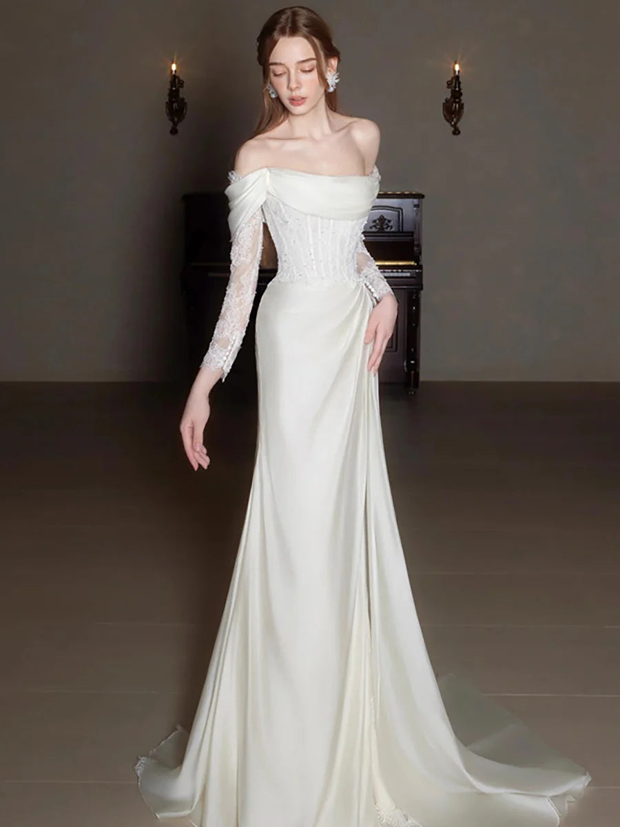 Elegant Mermaid Off-Shoulder Long Sleeve Corset Lace Ivory Train Wedding Dress