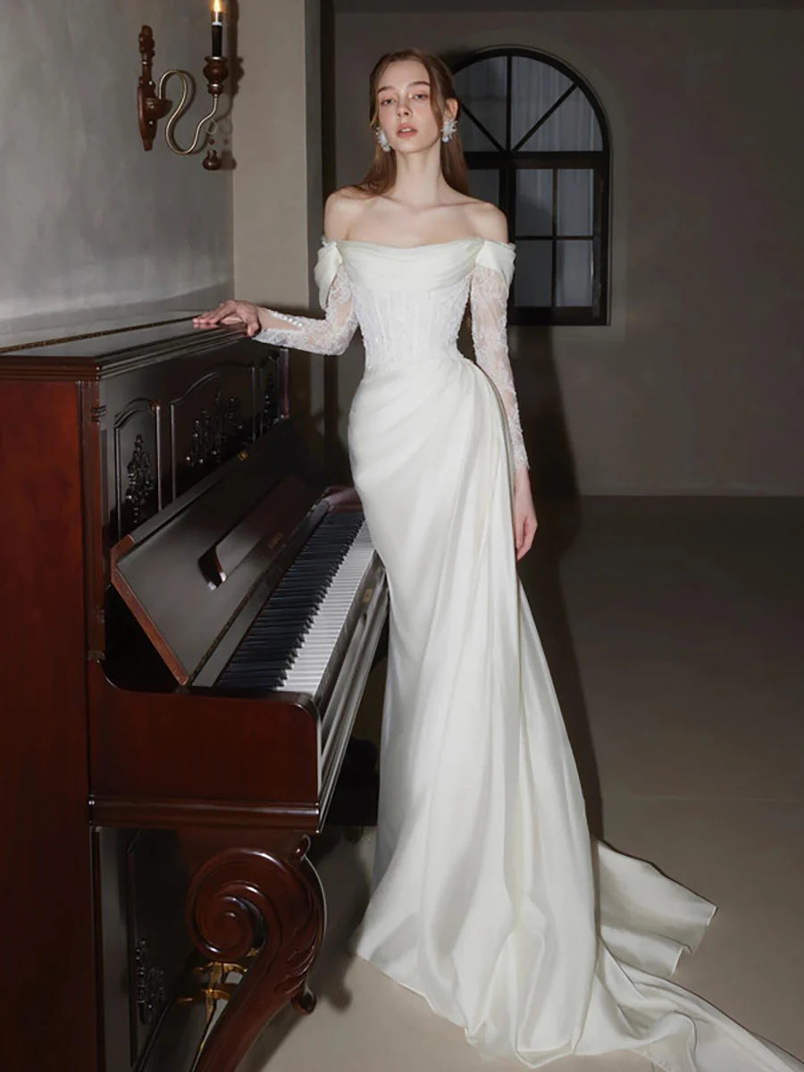 Elegant Mermaid Off-Shoulder Long Sleeve Corset Lace Ivory Train Wedding Dress