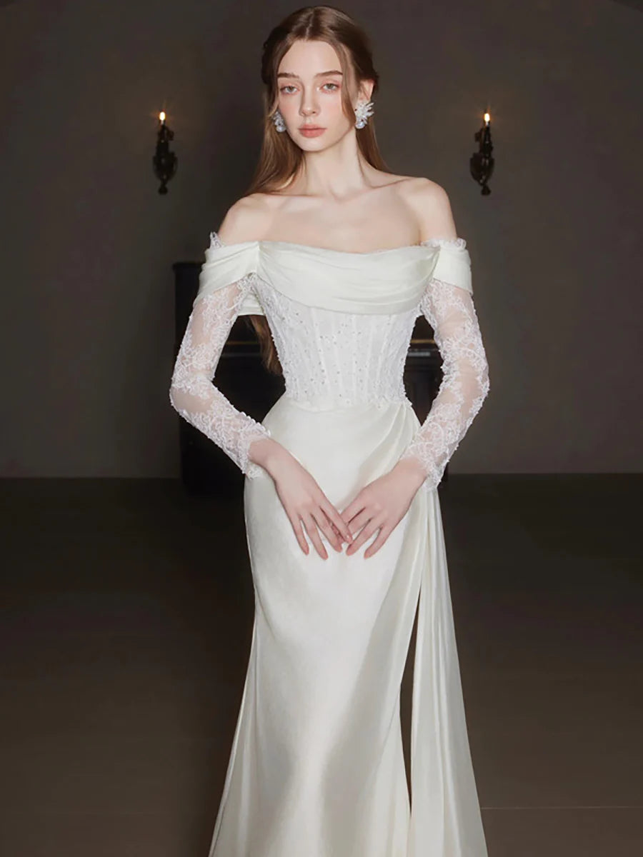 Elegant Mermaid Off-Shoulder Long Sleeve Corset Lace Ivory Train Wedding Dress